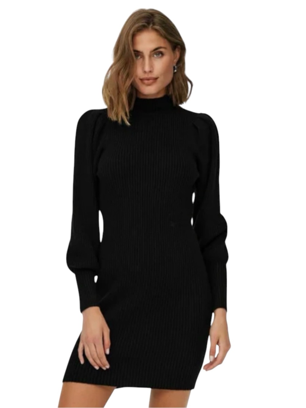 Vero Moda Black Textured Turtleneck Puff Shoulder Long Sleeve Mini Dress (L)